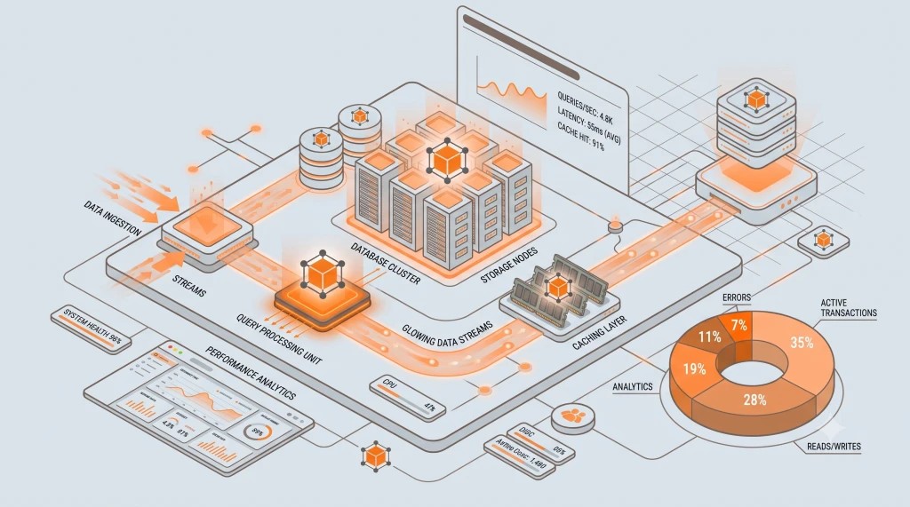 An isometric 3D illustration of a database server architecture